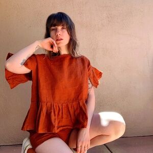Ivetta Bauman 100% Linen Rust Orange Flutter Sleeve Peplum Top XL Boho Natural